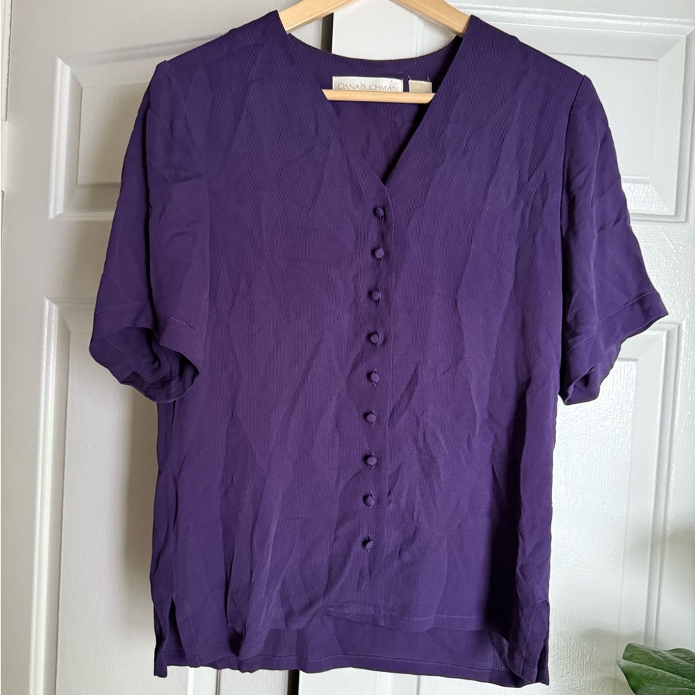 Vintage Dana Buchman Silk Ribbed Purple Short Sleeve Button Up s 4 Demure Retro